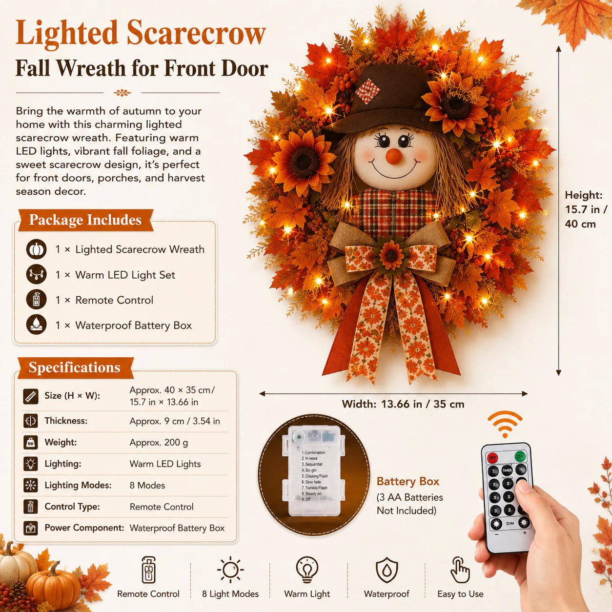 🍂🌻Lighted Scarecrow Fall Wreath for Front Door