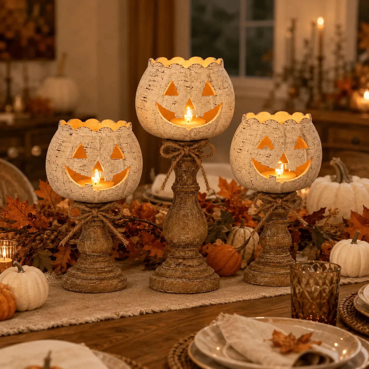 🕯 Set of 3 Rustic White Pumpkin Tealight Candle Holders | Layered Farmhouse Fall Decor For Halloween & Thanksgiving
