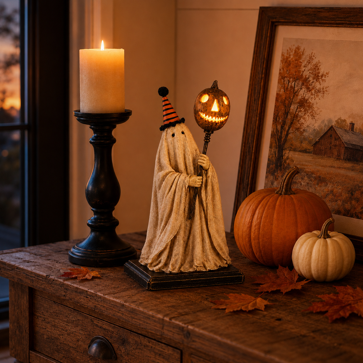 Summerween Sale 50% OFF 💕- Lighted Vintage Ghost Figurine with Glowing Pumpkin Staff