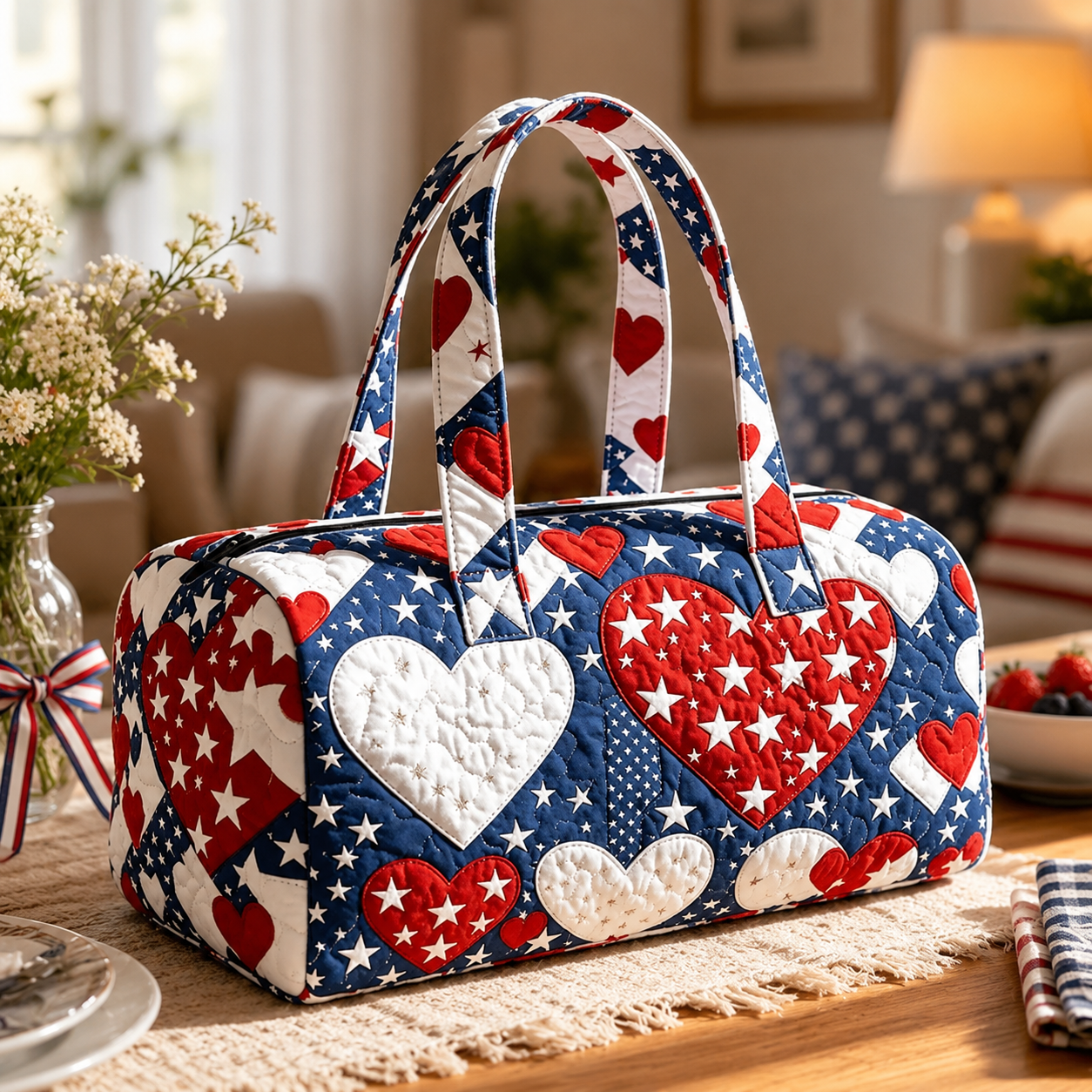 🔥Limited time 55% OFF 🇺🇸🧵 Handcrafted Patriotic Quilted Tote Bag – 3D Floral American Flag Travel Duffel
