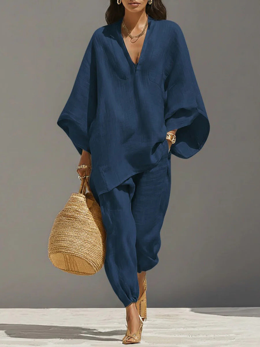 Women's Summer Loose Fit Solid Linen Deep V Neck Batwing Sleeve Pants Set