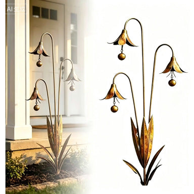 š”Flamed Copper Three Calla Lilies Garden Stake with Bells