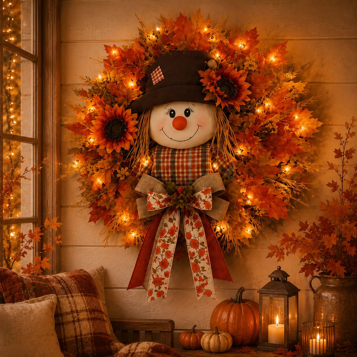 🍂🌻Lighted Scarecrow Fall Wreath for Front Door