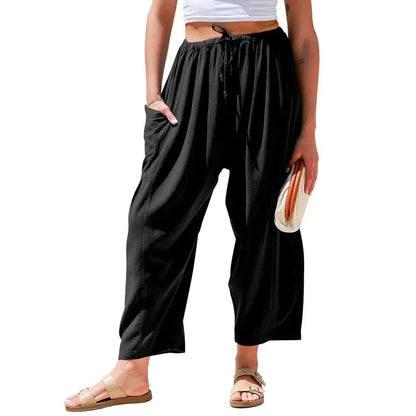 Womens Polyester Wide Leg Pants Casual Loose Fit Beach Palazzo Harem Pants with Pockets Spring Summer Style
