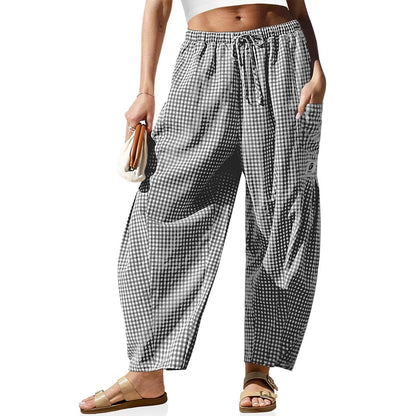 Womens Wide Leg Gingham Striped Plaid Pants Casual Barrel Loose Drawstring Low Waist Palazzo Harem Pants with Pockets
