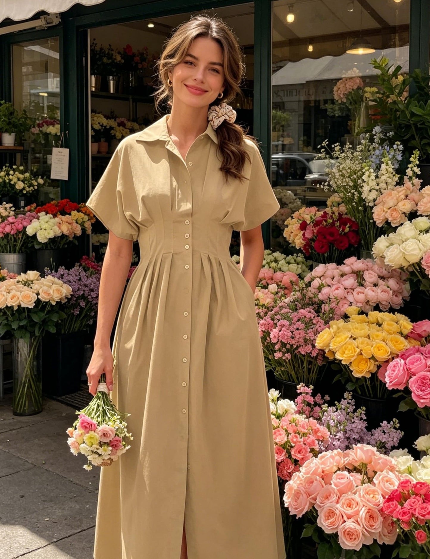 Shirt Dress for Women Summer Casual Short Sleeve Button Down Loose Pleated Maxi Sundress with Pockets