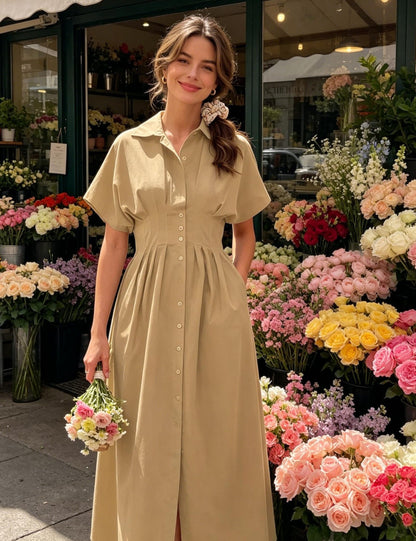 Shirt Dress for Women Summer Casual Short Sleeve Button Down Loose Pleated Maxi Sundress with Pockets