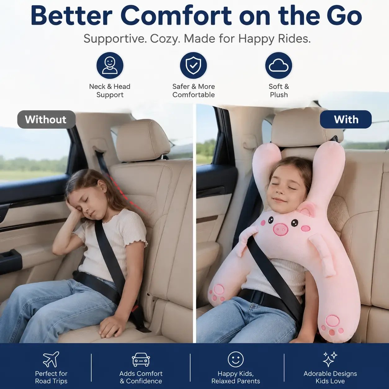 🐷Kids Car Neck Pillow - Soft Plush Pig Design, Car Seat Attachment