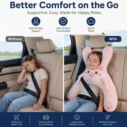 🐷Kids Car Neck Pillow - Soft Plush Pig Design, Car Seat Attachment