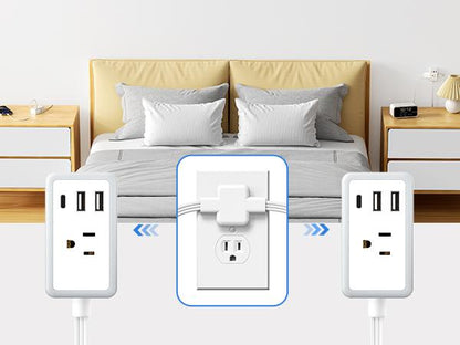 Twin Extension Cord Splitter 12 / 18 FT, with 6ft Dual Extension Cord on Each Side 3 Widely Outlets, Double Extension Cord for Home Office Dorm Room