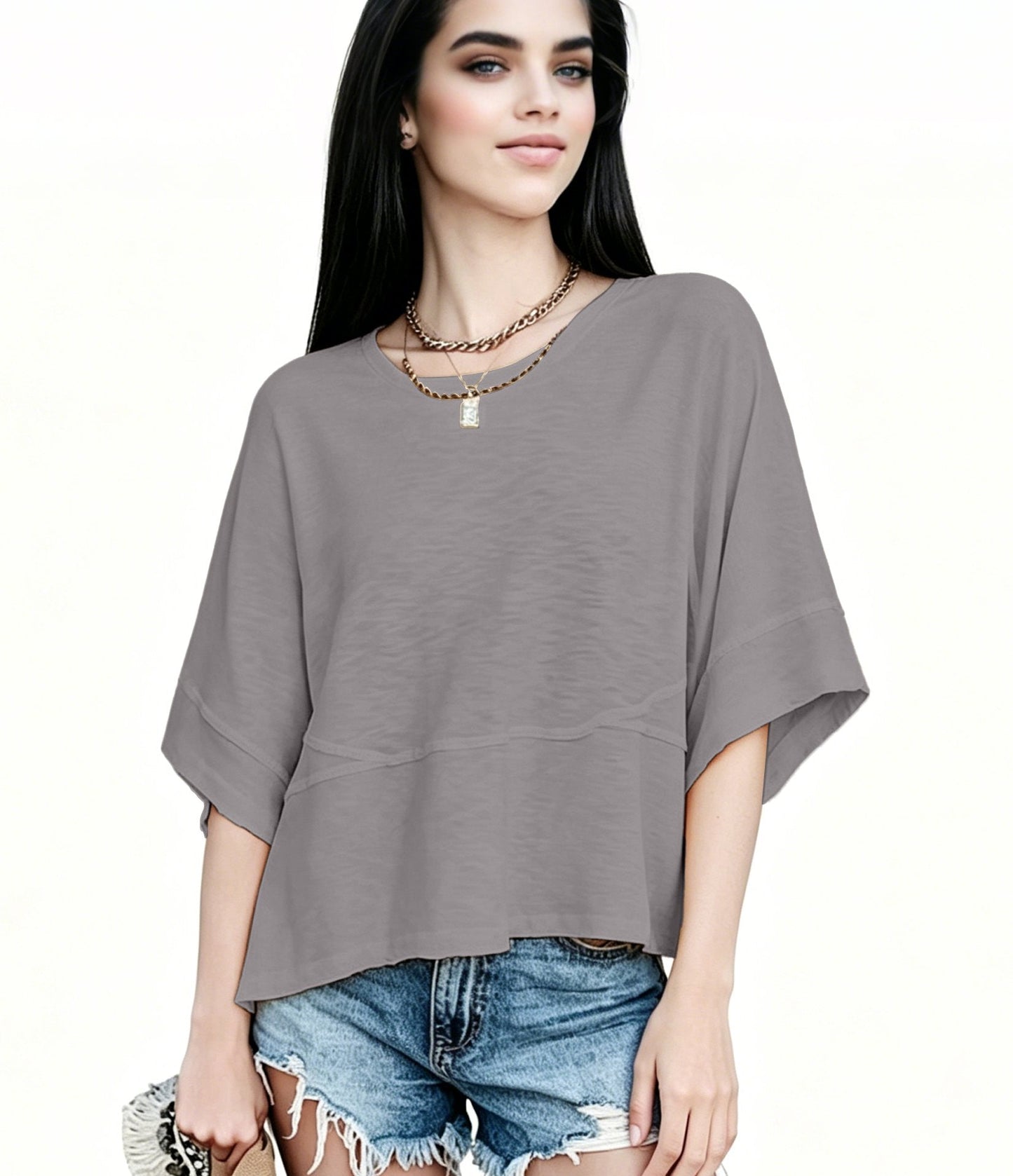 Women's Summer Casual Crewneck Batwing Half Sleeve T-Shirts Solid Color Loose Fit Cute Basic Flowy Tops Tees Blouses