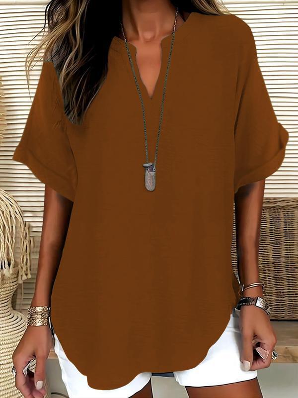 🔥Women's Plain Short Sleeve Blouse, Casual Solid Color Top for Daily Wear, Ladies Clothes for All Seasons