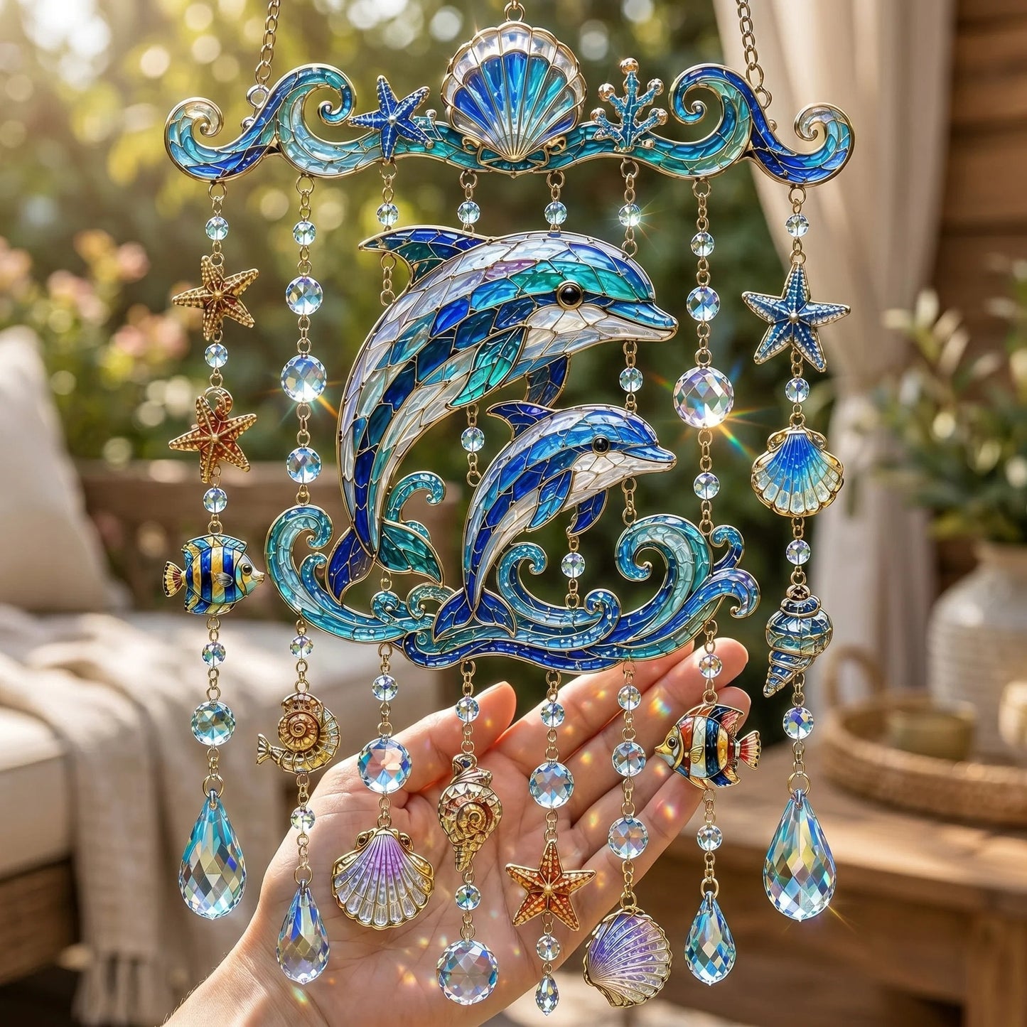 🔥🐋🐢🐬Ocean-Themed Crystal Wind Chime – 🌊Bring the Ocean Glow to Your Garden