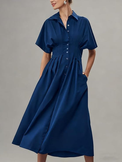Shirt Dress for Women Summer Casual Short Sleeve Button Down Loose Pleated Maxi Sundress with Pockets