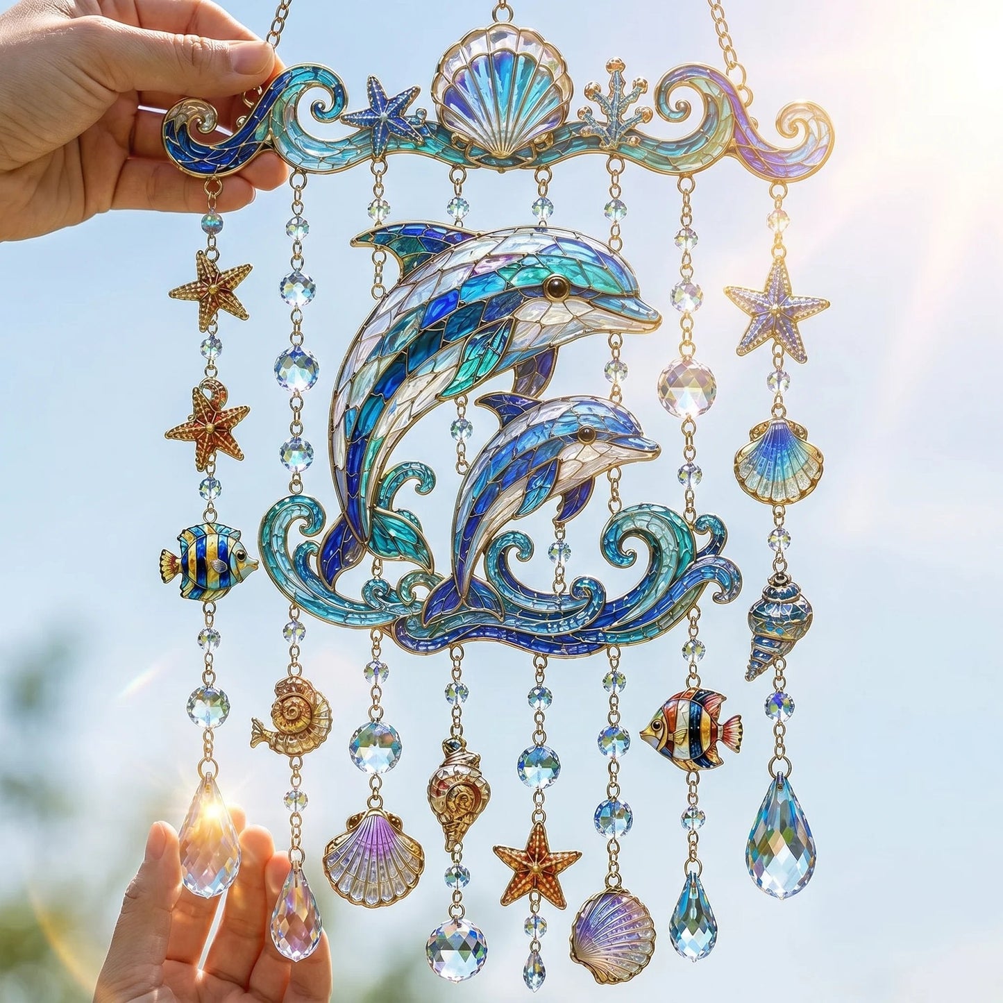 🔥🐋🐢🐬Ocean-Themed Crystal Wind Chime – 🌊Bring the Ocean Glow to Your Garden