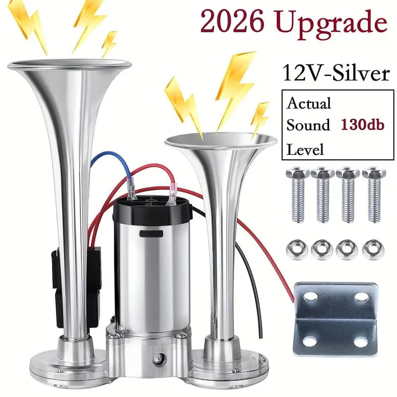 🔥LAST DAY 49% OFF - 🚗🔧2026 Upgraded 12V Dual Air Horn Kit – 130DB Super Loud Dual Horn with Compressor for Cars, Trucks, SUVs, Boats & More