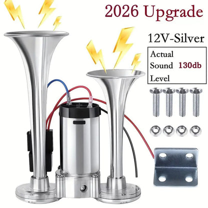 🔥LAST DAY 49% OFF - 🚗🔧2026 Upgraded 12V Dual Air Horn Kit – 130DB Super Loud Dual Horn with Compressor for Cars, Trucks, SUVs, Boats & More