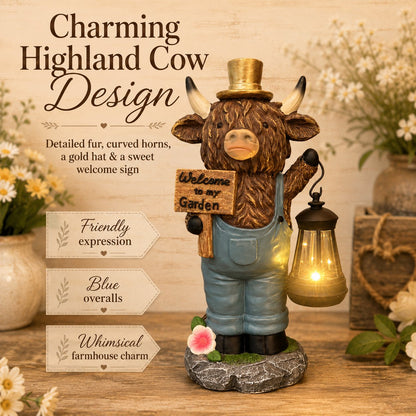 Handcrafted Solar-Powered Scottish Highland Bull Garden Welcome Light