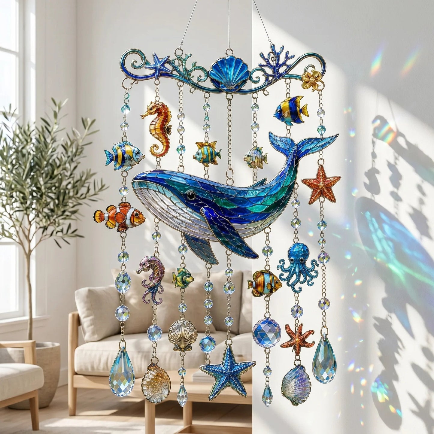 🔥🐋🐢🐬Ocean-Themed Crystal Wind Chime – 🌊Bring the Ocean Glow to Your Garden