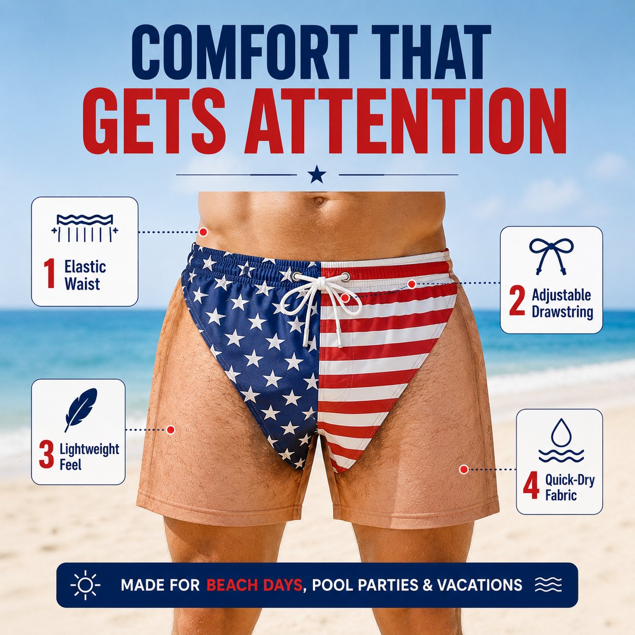 🇺🇸 Funny Patriotic Men’s Swim Trunks – Freedom & Chill Summer Beach Shorts 🏖️😎