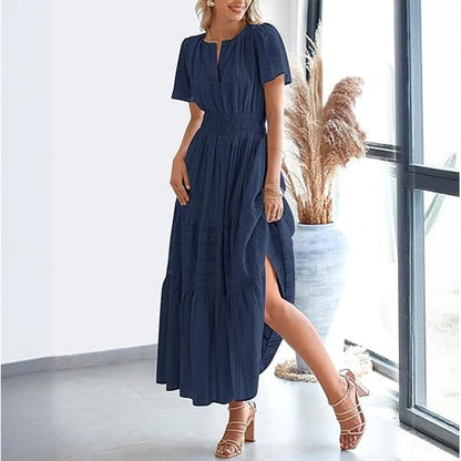 🔥 Women's Summer 2026 Casual Maxi Dress Lightweight Short Sleeve V Neck Boho Dress with Pockets