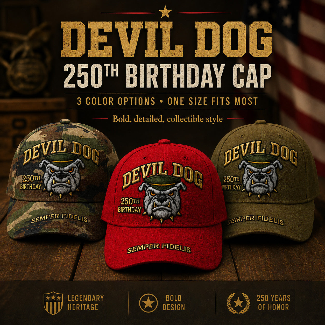🔥 Father’s Day Sale - ❤️ Handmade Embroidered Devil Dog USMC 250th Birthday Commemorative Cap 🇺🇸