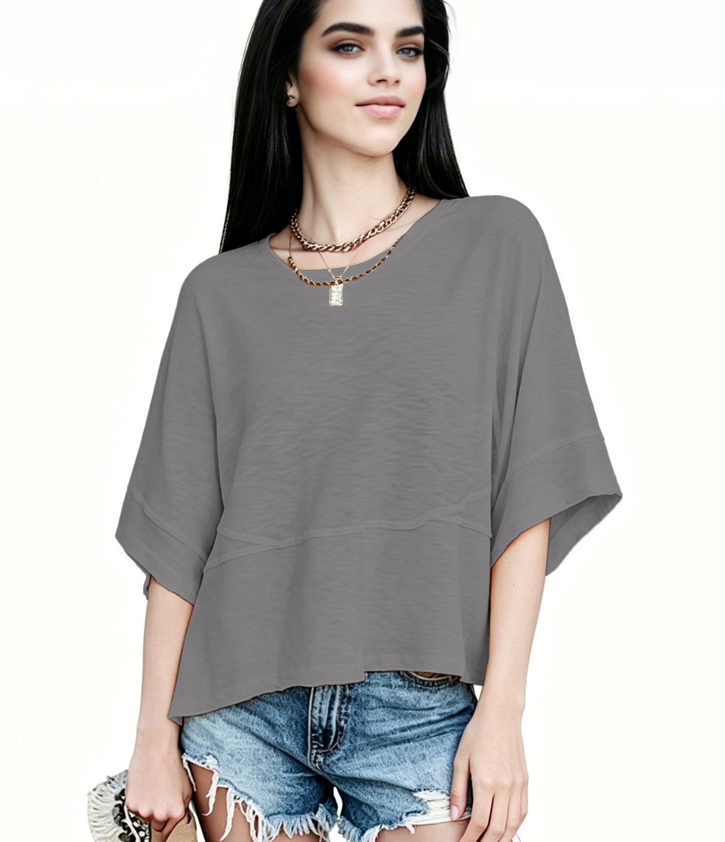 Women's Summer Casual Crewneck Batwing Half Sleeve T-Shirts Solid Color Loose Fit Cute Basic Flowy Tops Tees Blouses