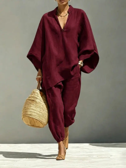 Women's Summer Loose Fit Solid Linen Deep V Neck Batwing Sleeve Pants Set