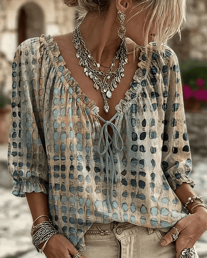 Women 3/4 Sleeve V-Neck Polka Dot Lace Up Blouse