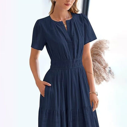 🔥 Women's Summer 2026 Casual Maxi Dress Lightweight Short Sleeve V Neck Boho Dress with Pockets