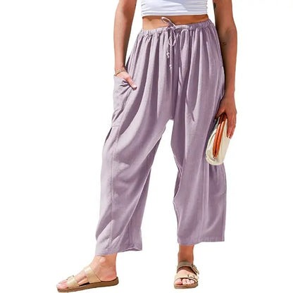Womens Polyester Wide Leg Pants Casual Loose Fit Beach Palazzo Harem Pants with Pockets Spring Summer Style
