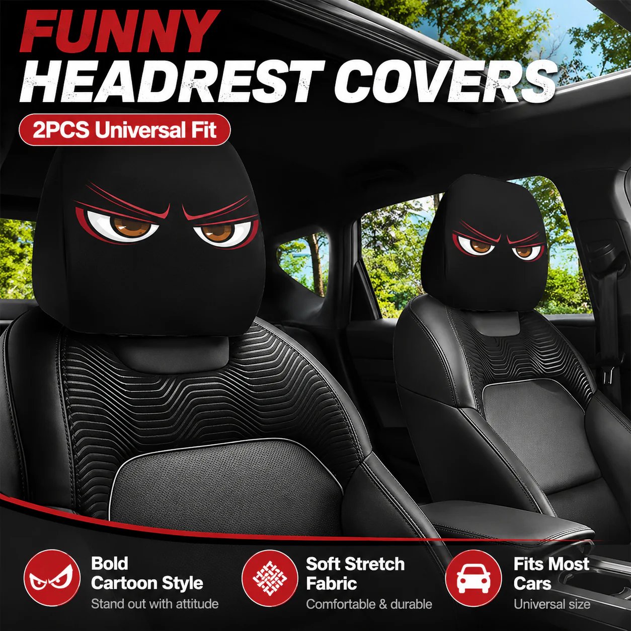 🔥😆 Funny Cartoon Car Headrest Covers – 2PCS Universal Fit 🚗