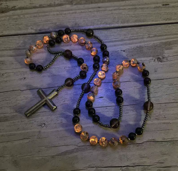 Natural Obsidian Yooperlite RosaryNecklace, UV Reactive EnergyProtection Healing Crystal