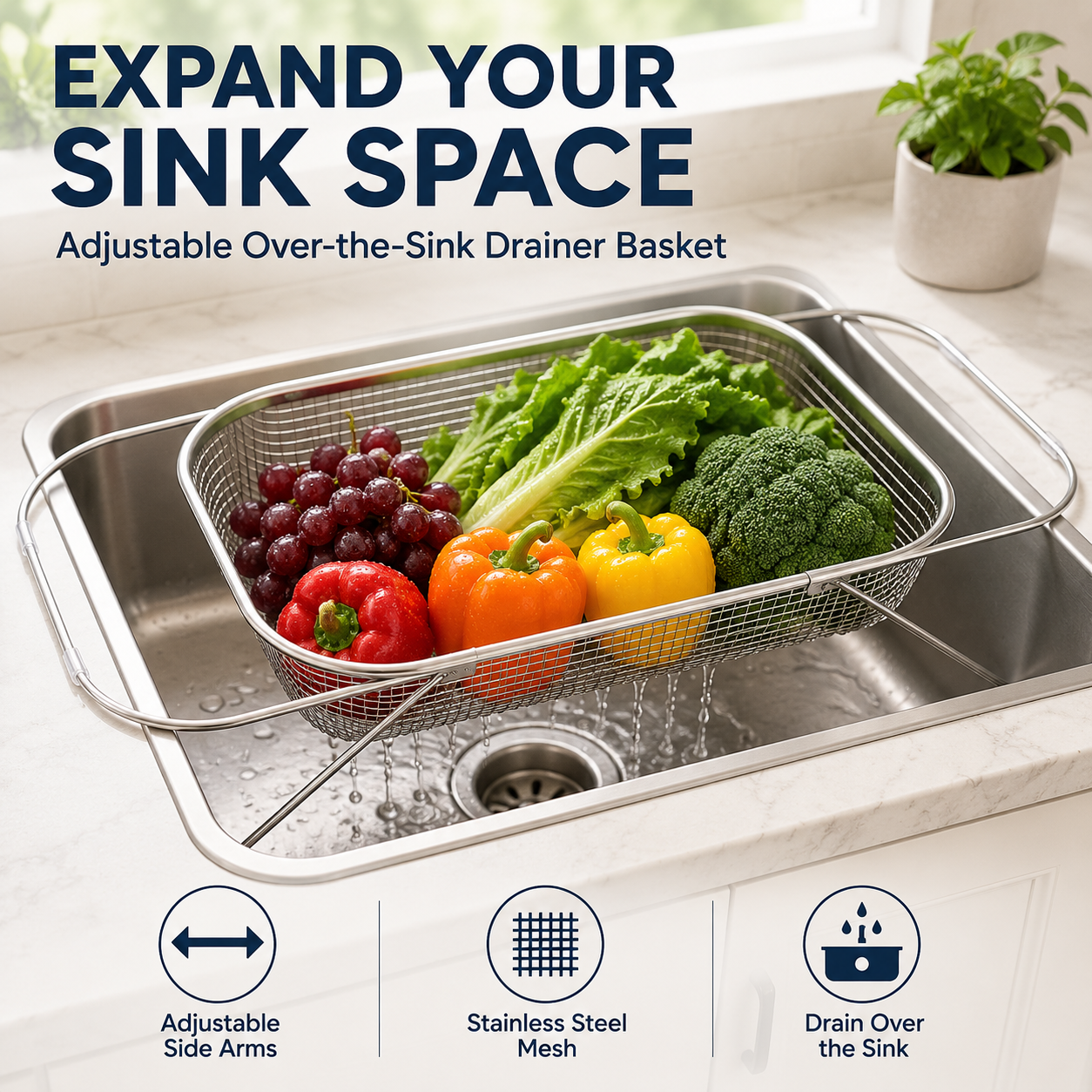 🍽️🧺 Stainless Steel Adjustable Over-the-Sink Drainer Basket