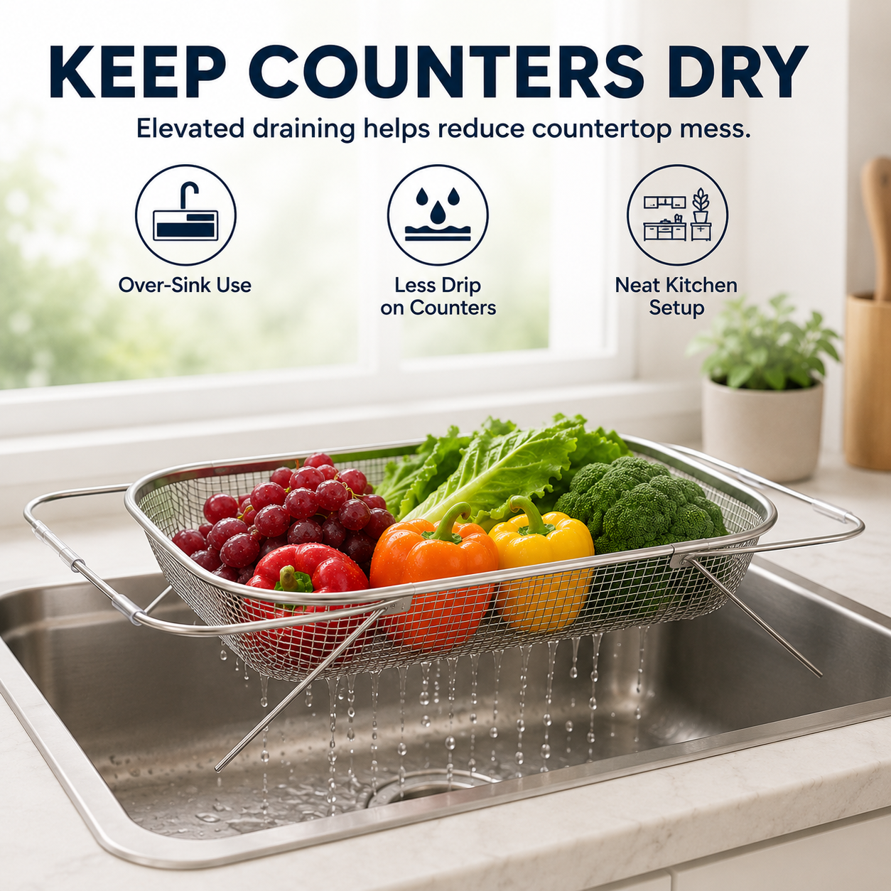 🍽️🧺 Stainless Steel Adjustable Over-the-Sink Drainer Basket