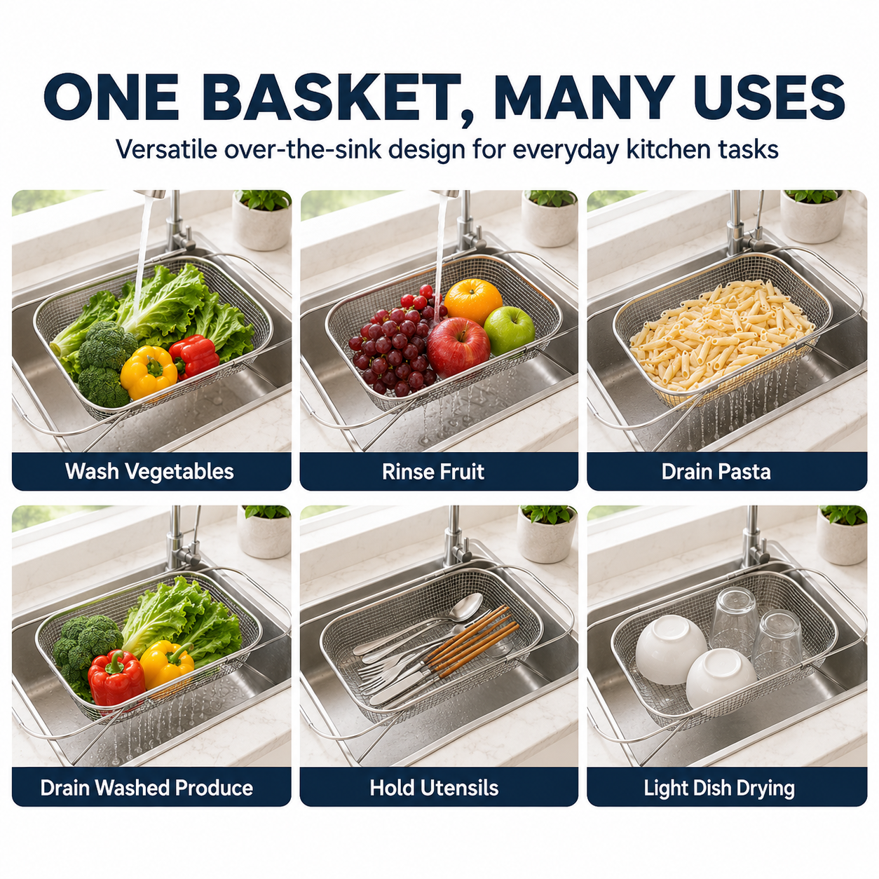 🍽️🧺 Stainless Steel Adjustable Over-the-Sink Drainer Basket