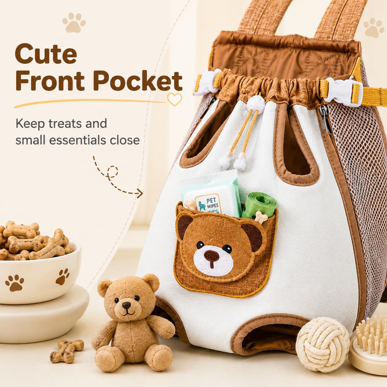 Cute Bear Design Front Pet Carrier Backpack, Breathable Adjustable Hands-Free Travel Chest Bag for Cats Small Dogs Walking Shopping Vet Visits