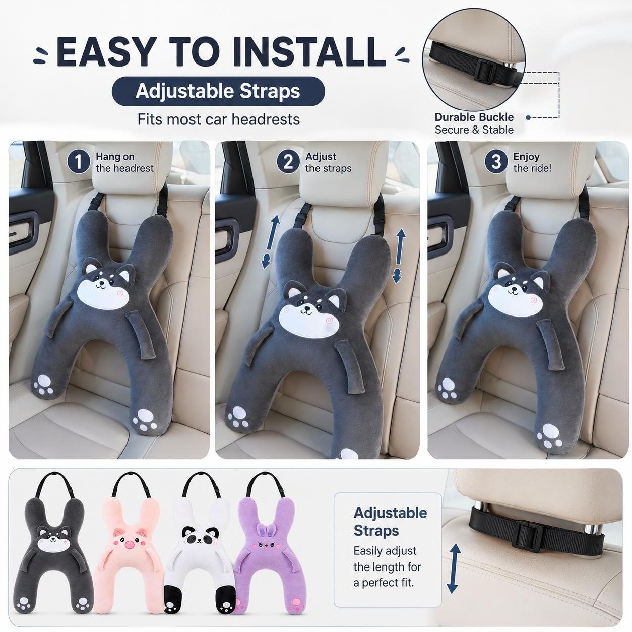 🐷Kids Car Neck Pillow - Soft Plush Pig Design, Car Seat Attachment