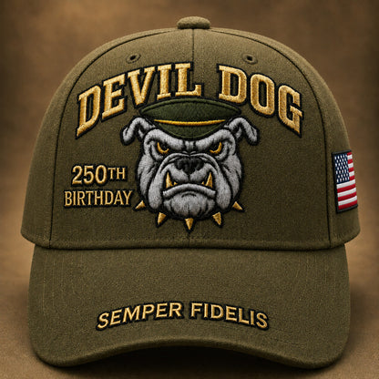 🔥 Father’s Day Sale - ❤️ Handmade Embroidered Devil Dog USMC 250th Birthday Commemorative Cap 🇺🇸
