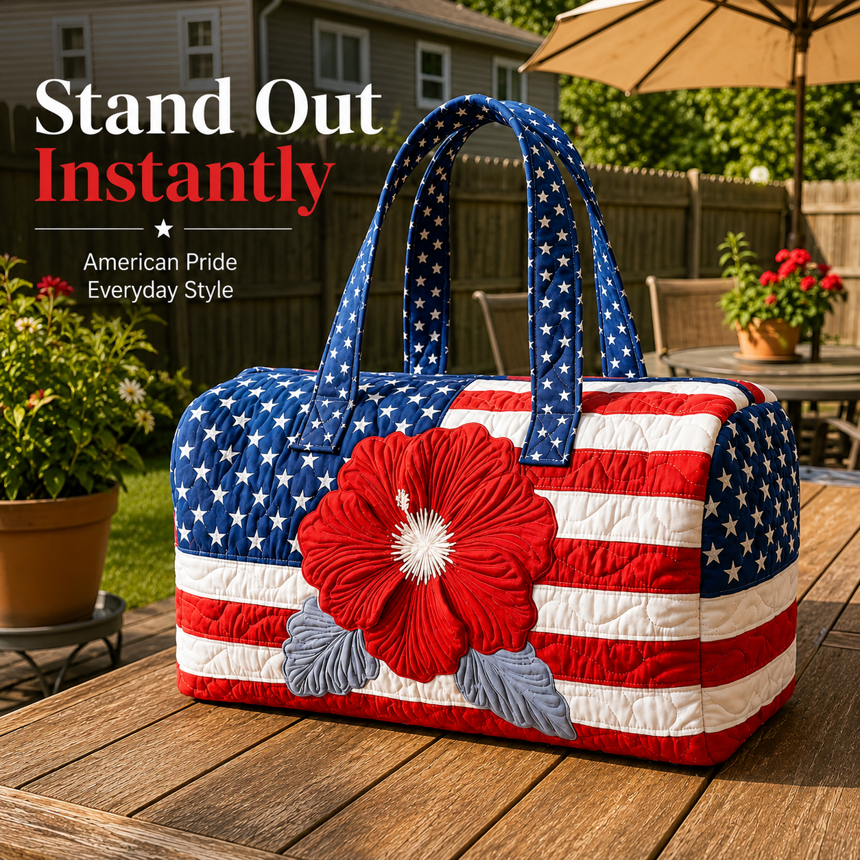 🔥Limited time 55% OFF 🇺🇸🧵 Handcrafted Patriotic Quilted Tote Bag – 3D Floral American Flag Travel Duffel