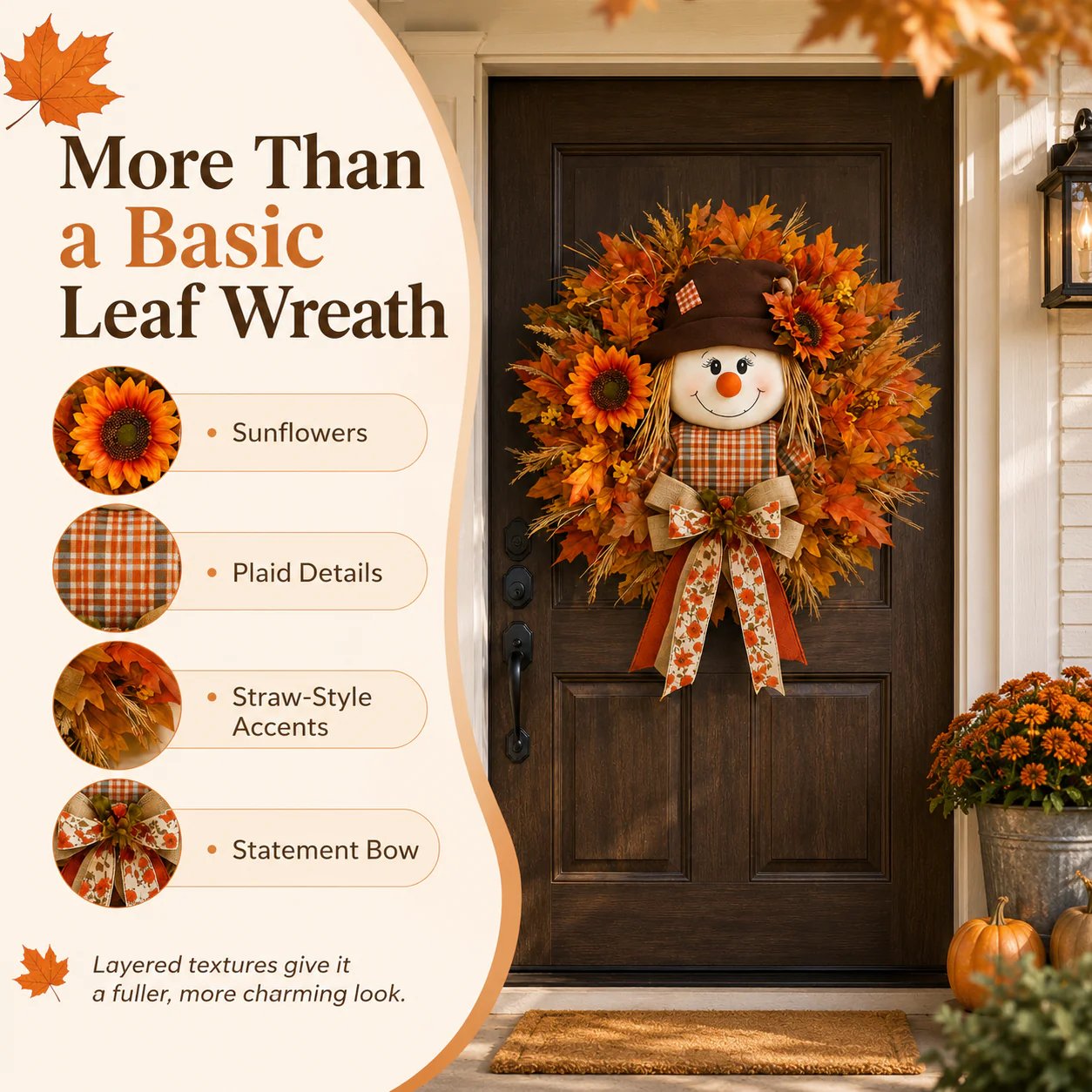 🍂🌻Lighted Scarecrow Fall Wreath for Front Door