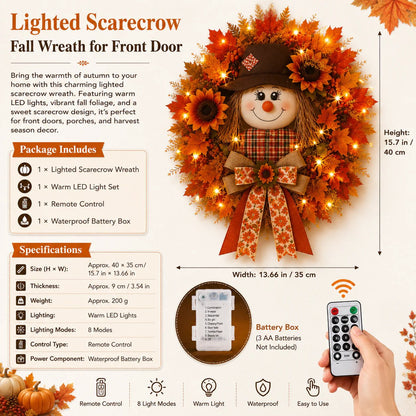 🍂🌻Lighted Scarecrow Fall Wreath for Front Door