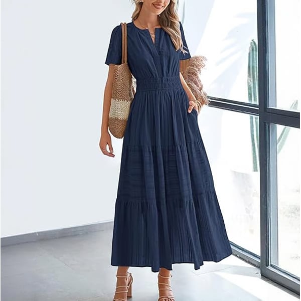 🔥 Women's Summer 2026 Casual Maxi Dress Lightweight Short Sleeve V Neck Boho Dress with Pockets