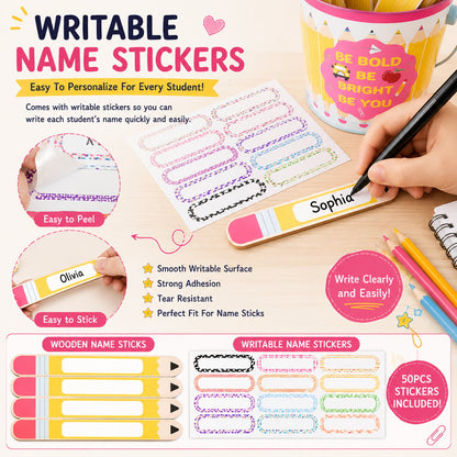 121 Pcs Back to School Teacher Gift Flip Name Sticks Set with Storage Cup