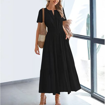 🔥 Women's Summer 2026 Casual Maxi Dress Lightweight Short Sleeve V Neck Boho Dress with Pockets