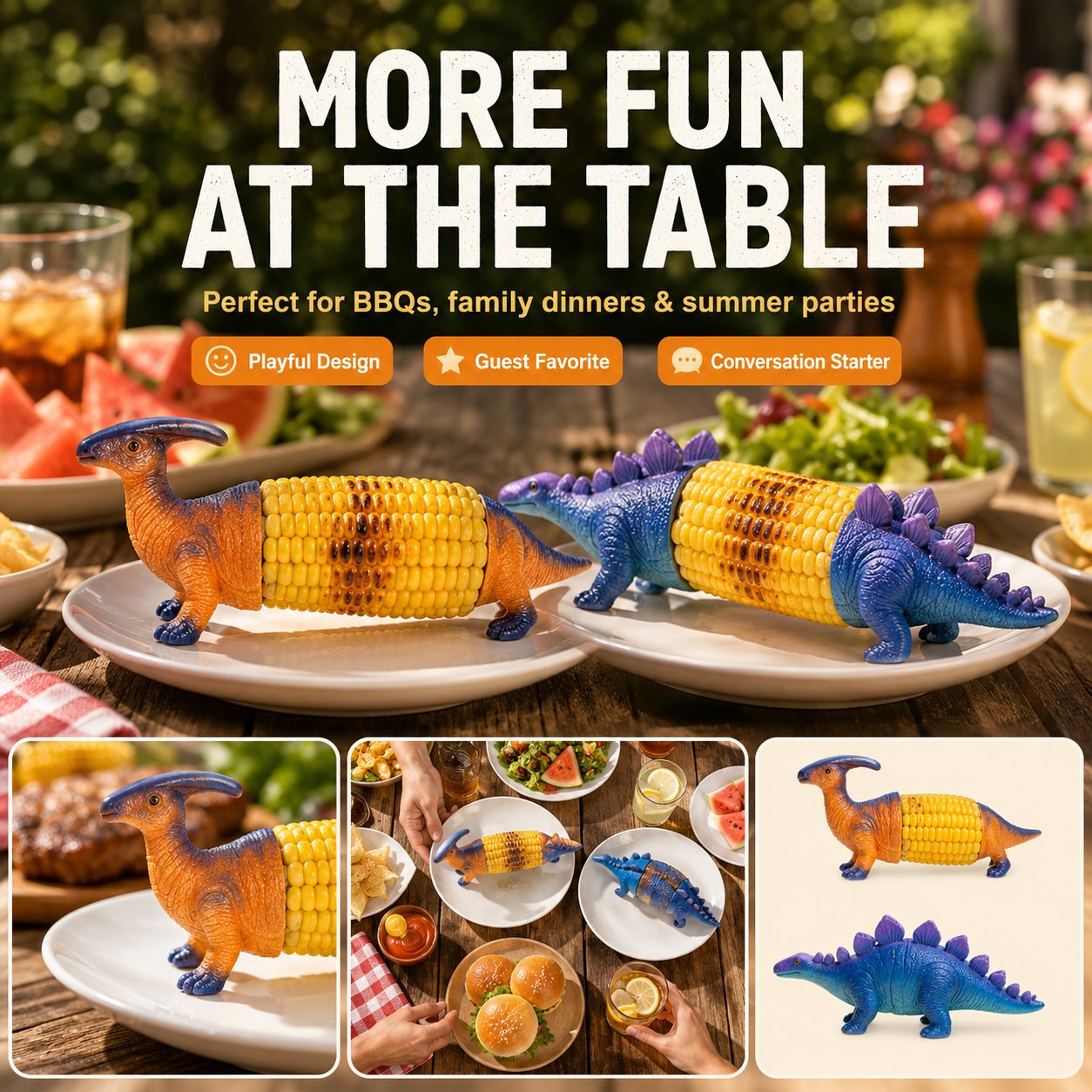 Dinosaur Corn Holders for Corn On The Cob - Funny Corn Cob Holder for Kids and Adults with Stainless Steel Prongs