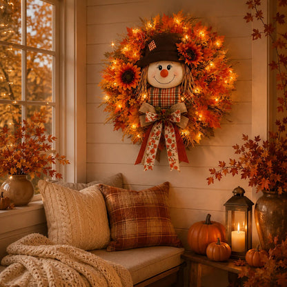 🍂🌻Lighted Scarecrow Fall Wreath for Front Door