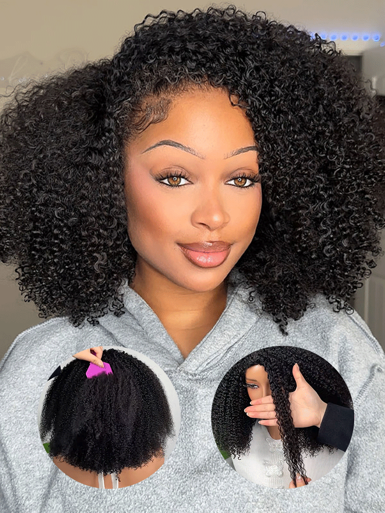 CurlyMe 3 In 1 Half Wig Afro Kinky Curly Glueless Install Half Wig With Draw-string Beginner Friendly