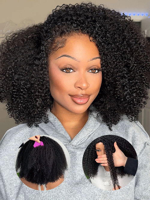 CurlyMe 3 In 1 Half Wig Afro Kinky Curly Glueless Install Half Wig With Draw-string Beginner Friendly