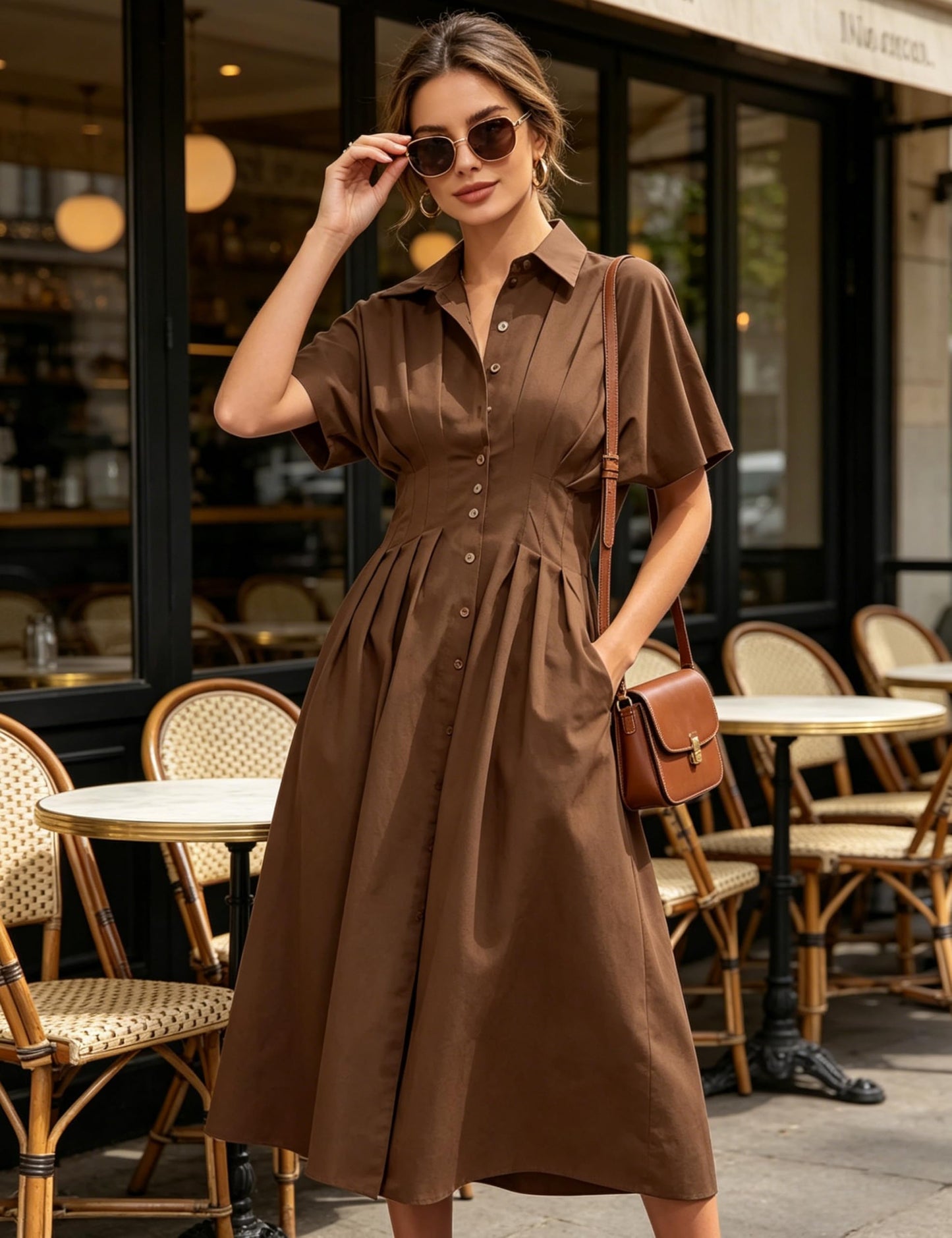Shirt Dress for Women Summer Casual Short Sleeve Button Down Loose Pleated Maxi Sundress with Pockets